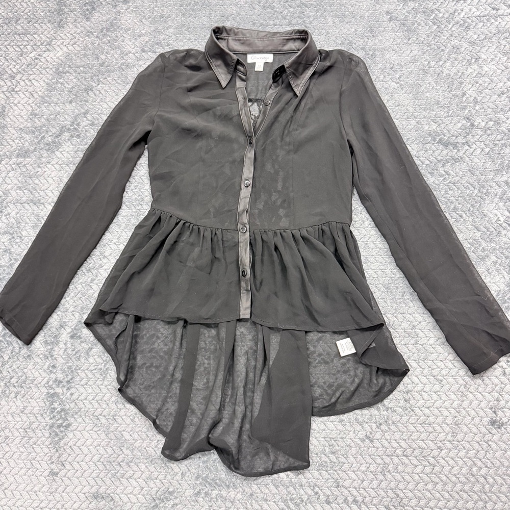 Olsenboye Black Sheer High-Low Peplum Button-Down Blouse Size XS